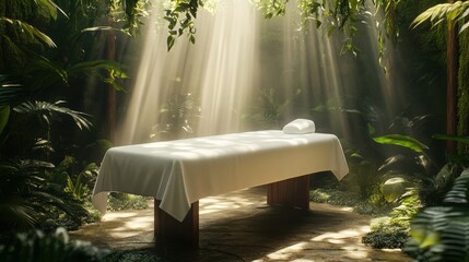 Tranquil massage table in a lush jungle with soft rays of sunlight illuminating the peaceful environment.