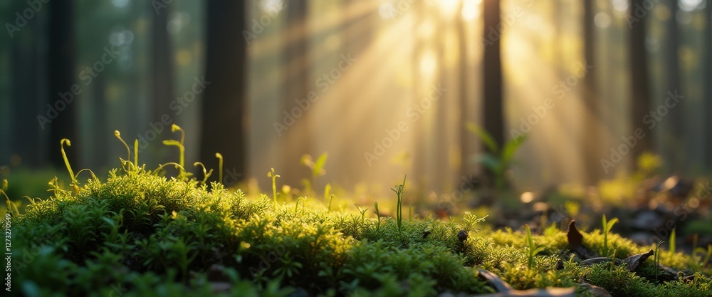 Poster sunlight filtering through trees illuminates vibrant moss in a serene forest setting during early mo