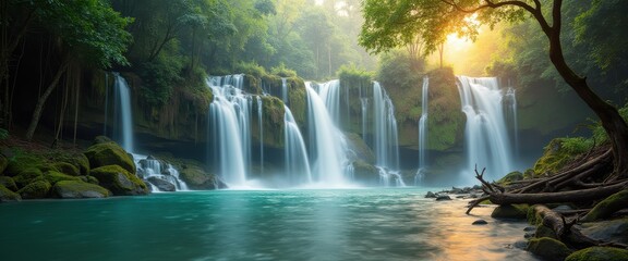 Fototapeta premium Breathtaking panorama of a serene waterfall in a lush tropical forest at sunrise