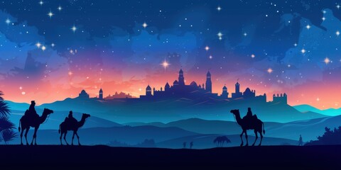 Camel ride near cityscape at night with starlit sky backdrop for holiday cards