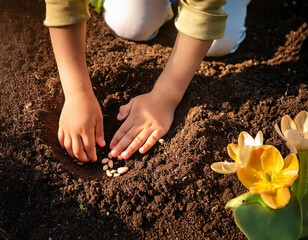 A high-angle shot of children's hands planting seeds in a sunny, blooming garden, teaching growth and care.