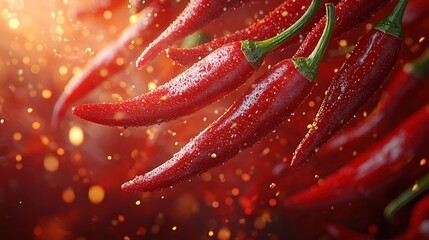Fresh red chili peppers, water droplets, vibrant background, cooking, appetizing
