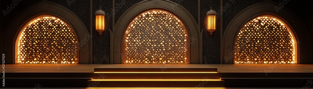 Poster Ornate arches illuminated with glowing geometric patterns and lanterns