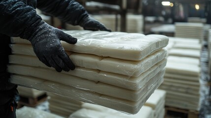 Worker handling stacked wax blocks in a manufacturing facility