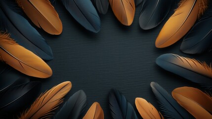 Obraz premium Circular feather arrangement in black and gold on dark background. luxury branding