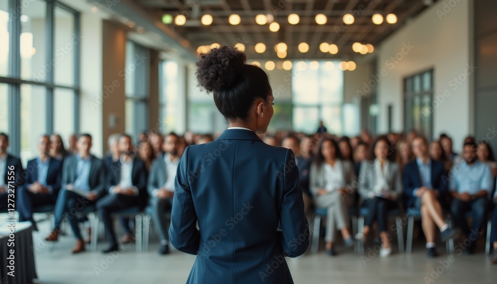 Poster confident speaker addresses captivated audience at a professional event during the daytime