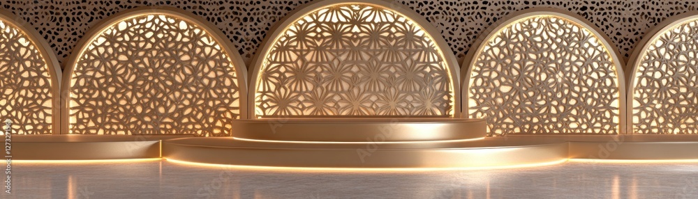 Poster ornate golden archways and a multi leveled platform glow softly