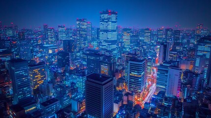 Obraz premium A mesmerizing nightscape of a vibrant city with illuminated skyscrapers and red lights