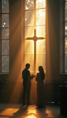 Warm ethereal light pours through tall windows highlighting a couple before a cross during a moment of connection
