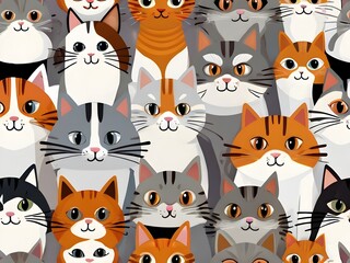 Adorable kawaii cats seamless pattern cute cartoon feline background for fabric, wallpaper & prints