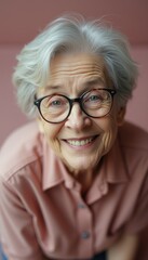 Fototapeta premium Elderly Caucasian person with glasses smiling warmly in a relaxed indoor setting during daylight