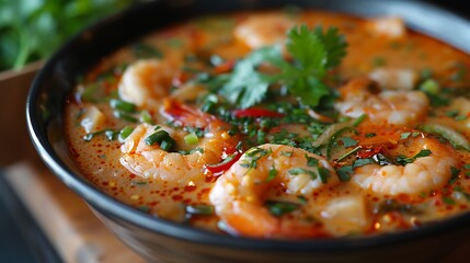 Spicy Thai tom yum soup with an aromatic broth, no shadows The soup is the focus, with no text, logo, signature, human body, people, or plants, 