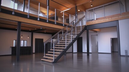 Obraz premium A modern industrial loft featuring aluminum and glass railings along a mezzanine level