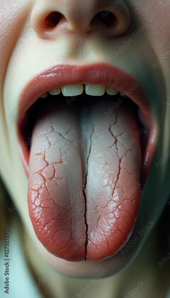 Poster surreal reflection of a cracked tongue in a mirror, exploring unusual textures and shapes in an abst