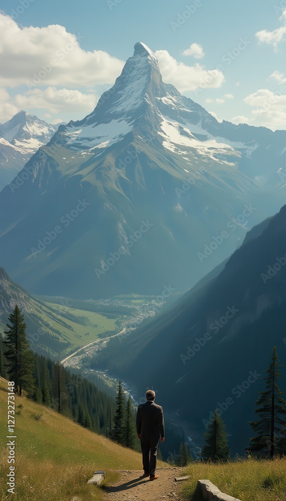 Poster mountain view from a panoramic perspective showcasing a hiker admiring the scenery in the swiss alps
