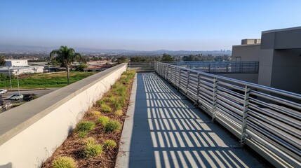 Fototapeta premium A rooftop terrace featuring aluminum slatted handrails, ensuring airflow and structural integrity