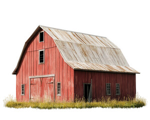 rustic red barn with weathered roof, surrounded by tall grass, evokes sense of rural charm and nostalgia. This iconic structure represents agricultural heritage and simplicity
