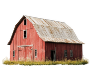 rustic red barn with weathered roof, surrounded by tall grass, evokes sense of rural charm and nostalgia. This iconic structure represents agricultural heritage and simplicity