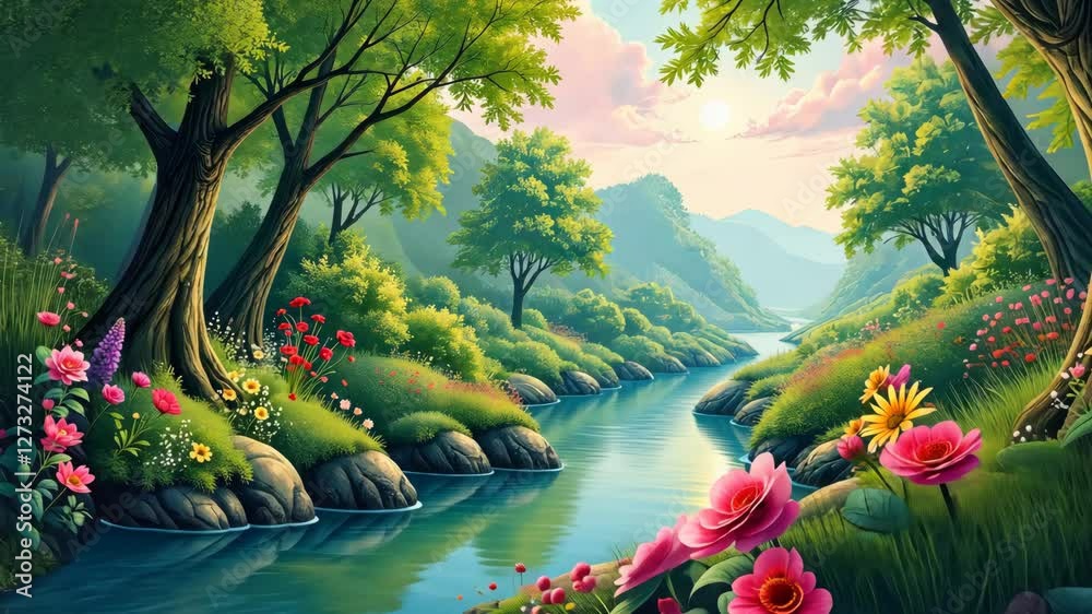 Poster a river with a green forest on either side. the river is surrounded by rocks and has a lot of flower