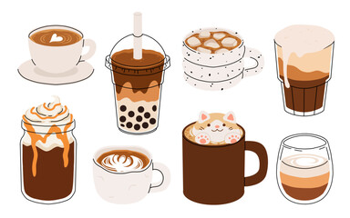 Set of Coffee Cups with Latte Art Patterns Front View. Cute rabbit, Flower and Heart foam shapes. Cafe Bar or Coffee House Graphics. Vector Illustration, Icons