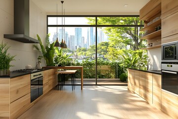 Fototapeta premium Sophisticated Minimalist Kitchen with Panoramic City Skyline View and Natural Lighting
