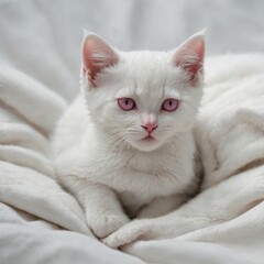 A tiny white kitten with a pink nose, its paws folded under, peacefully resting on pure white.