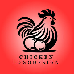 Creative Black Chicken Logo Design in Minimalist Style with Red Gradient Background for Farm, Poultry, Business, and Branding Vector Illustration
