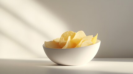 A clean, minimalistic image of golden potato chips in a white ceramic bowl