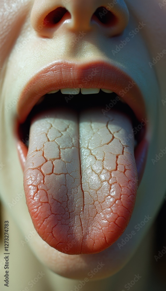 Fototapete Close-up view of a tongue displaying unique texture and color variations under soft lighting in a controlled environment