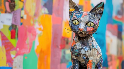 Fototapeta premium Newspaper cat sculpture, expressive close-up portrait, set against a bold and colorful abstract background, ultra-sharp textures, realistic lighting