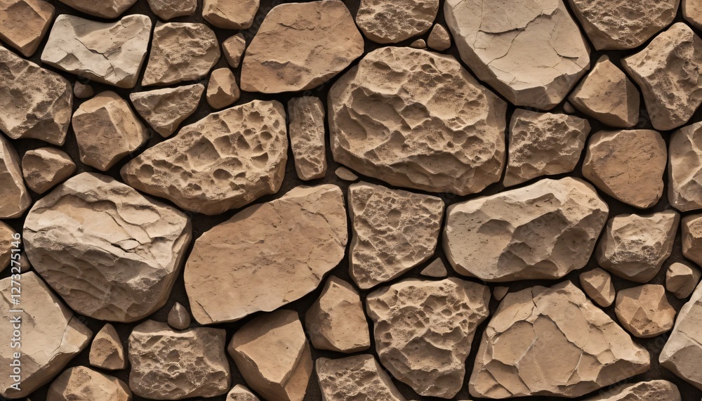 Poster natural stone wall texture. beige and brown tones. rustic stone surface. polished areas. rugged unev