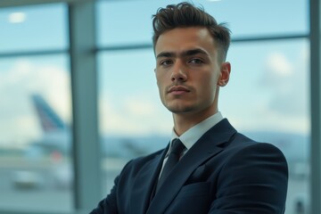 Fototapeta premium Head and shoulders Portrait of an elegant stylish Albanian young male flight attendant in uniform.