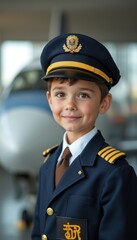 Obraz premium Young aspiring pilot wearing a uniform and cap smiles confidently in front of an airplane at an airport