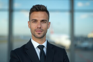 Fototapeta premium Head and shoulders Portrait of an elegant stylish American young male flight attendant in uniform.