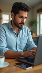 Young Hispanic man working on a laptop in a cozy cafe during the morning while enjoying a coffee