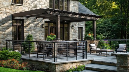 A stylish patio with aluminum handrails and a matching pergola, creating a cohesive outdoor space