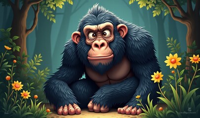 A cartoon-style gorilla sits in a vibrant forest, surrounded by flowers, exuding a playful yet wise demeanor, perfect for children's media and wildlife conservation themes.