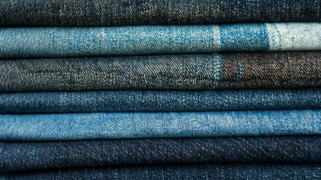 Denim fabrics stacked in various shades showcasing texture and color variations in a textile display