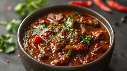 Spicy Indian vindaloo, a fiery Goan curry, no shadows The curry is the highlight, with no text, logo, signature, human body, people, or plants, 