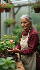 Elderly woman engaged in gardening activity inside a greenhouse surrounded by blooming plants