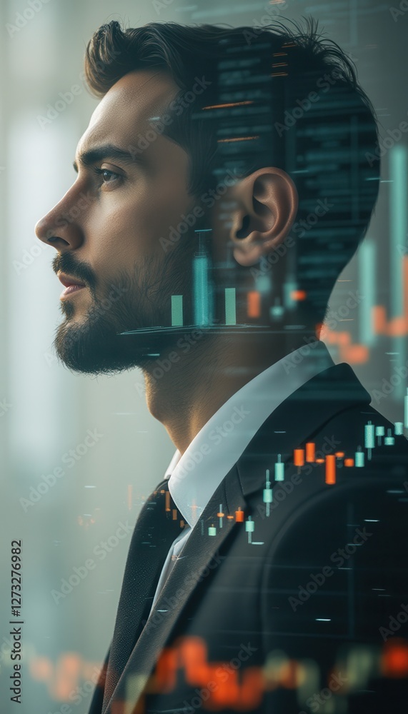 Aufkleber creative double exposure image blending a businessman's profile with stock market data in a corporat