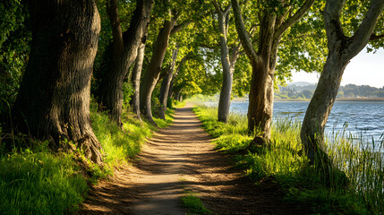 A winding path leading through lush greenery, lined with trees and tall grasses
