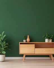 A modern interior with a deep forest green wall and a wooden TV stand with minimal design, accompanied by a floating shelf with decorative items.