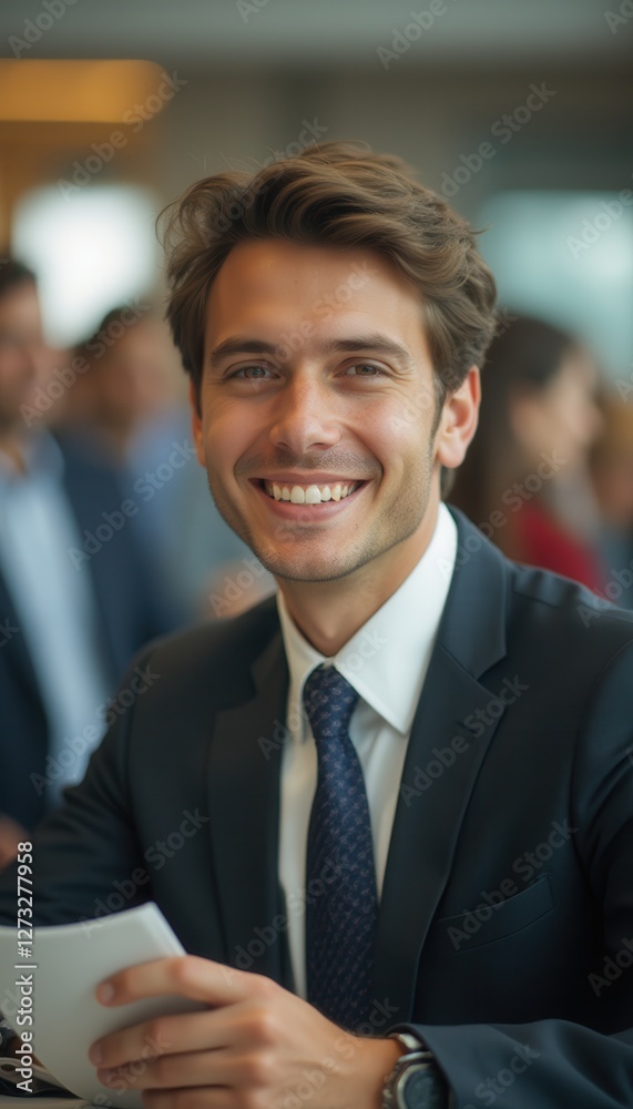 Poster Young man smiling confidently at a business event during a networking session