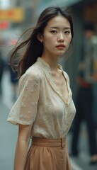 Close-up portrait of a young East Asian woman walking through a lively urban street with a soft breeze in her hair