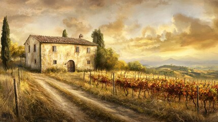 Fototapeta premium A Captivating Watercolor Painting of a Serene House Nestled in a Lush Field Under Clear Skies