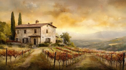 A Beautiful Watercolor Painting of a Charming House Nestled Among Lush Vineyards in Scenic Countryside
