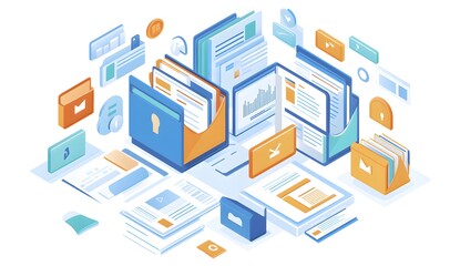 Organized documents, isometric view, digital data, workflow in progress