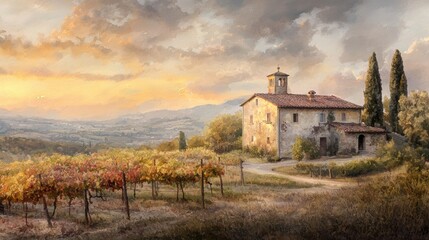 Fototapeta premium A Beautiful Watercolor Painting Featuring a Charming House Nestled Within a Lush Vineyard Landscape