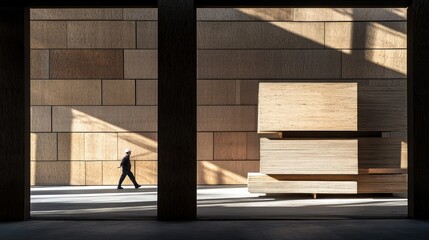 Worker walks past stacked wood inside a minimalist building